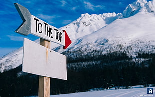 snow covered mountain, sign, mountains