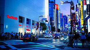 several black and white cars, street, lights, Japan, Tokyo