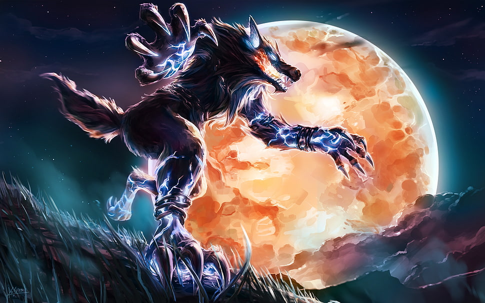 photo of werewolf on full moon HD wallpaper