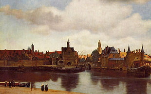 skyline photo of buildings, artwork, Johannes Vermeer, painting, Gezicht op Delft