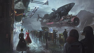 people on station near flying ship illustration, digital art, fantasy art, futuristic, science fiction