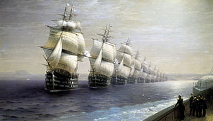 galleon boats painting, sailing ship, water, sea, painting