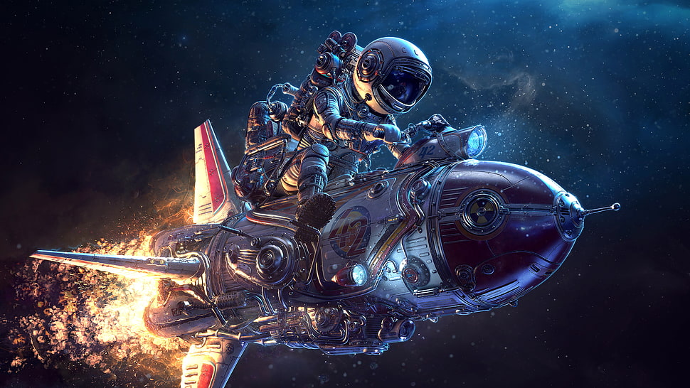 astronaut riding rocket wallpaper, spaceship, astronaut, science fiction, 3D HD wallpaper