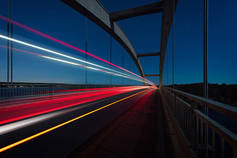 concrete bridge, Bridge, Light, Night HD wallpaper