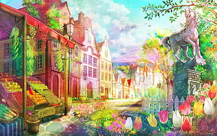 multicolored city buildings digital wallpaper, village, horse, flowers, fruit