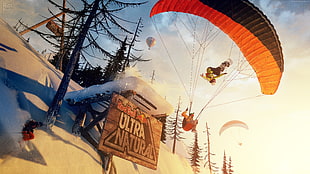man riding parachute over snow under nimbus cloud background HD wallpaper