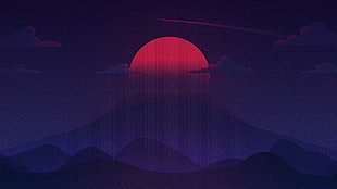 red moon illustration, Sunset, Mountains, Dark