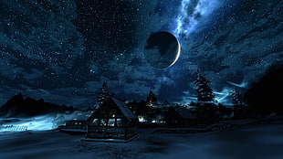 snow-covered village during night wallpaper, The Elder Scrolls V: Skyrim, screen shot