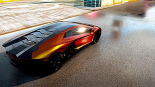 black and red Lamborghini Aventador, Lamborghini, Lamborghini Aventador, Forza Horizon 2, video games HD wallpaper