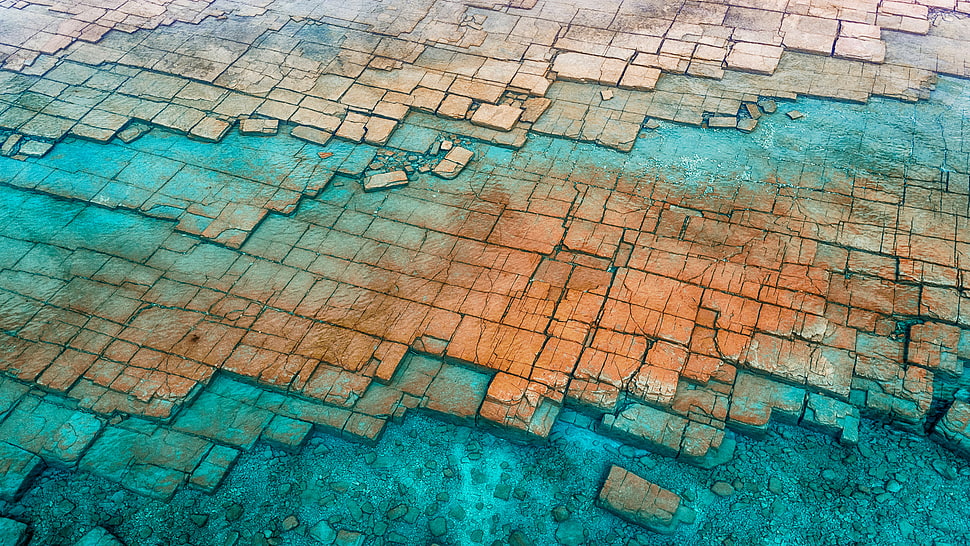brown and blue bricks and water illustration, Canada, water, rocks, pattern HD wallpaper