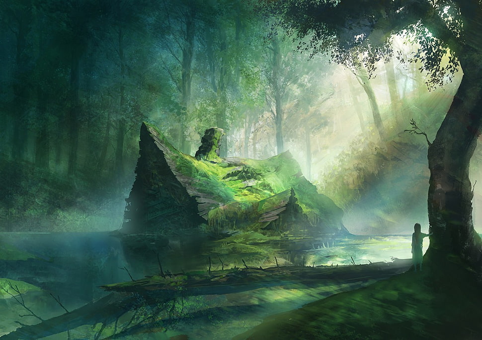 brown house covered with green moss painting, fantasy art HD wallpaper