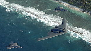 gray aircraft, military, airplane, Northrop Grumman B-2 Spirit, Lockheed Martin F-22 Raptor