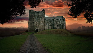 brown and black concrete house, landscape, path, castle