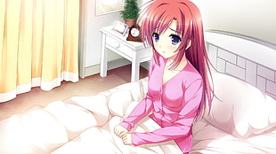 woman anime character lying sitting on bed