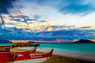 red and white boat on seashore HD wallpaper
