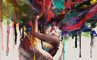 brown, green, and red man and woman abstract painting HD wallpaper