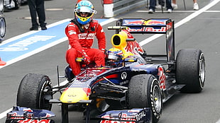 red and black RC toy car, Ferrari, Fernando Alonso, Mark Webber, Red Bull Racing