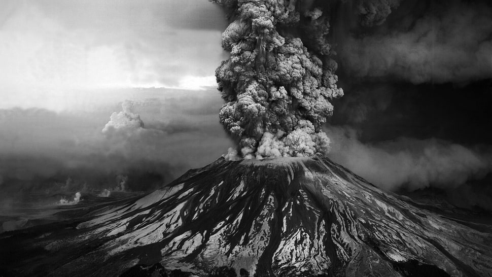 graycale photo of volcano erruption HD wallpaper