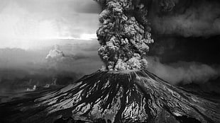 graycale photo of volcano erruption