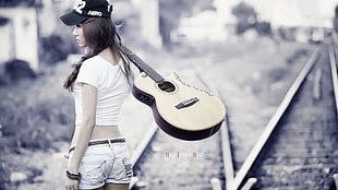 woman in white shirt carrying acoustic guitar over her shoulder HD wallpaper