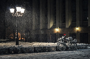 black outdoor post lamp, photography, city, snow, bicycle