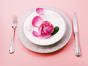 pink petaled flowers on top of white ceramic plate with fork and knife