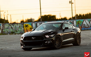 black Ford Mustang coupe, Ford Mustang, Ford, graffiti, black cars HD wallpaper