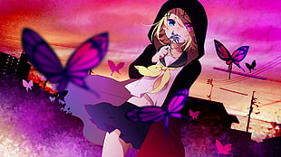 black and pink floral textile, Vocaloid, Kagamine Rin, butterfly
