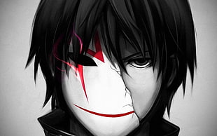 grayscale photo of male anime character with white and red half mask