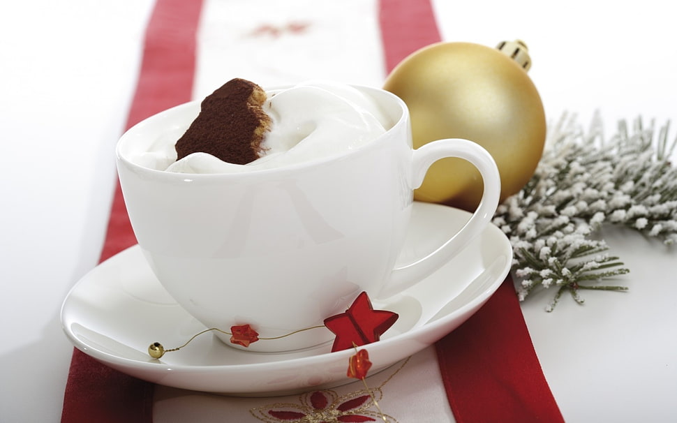white ceramic mug filled with white cream and chocolate on top HD wallpaper