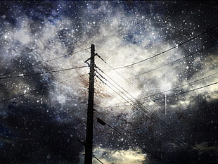 black electric post, stars, power lines, artwork HD wallpaper