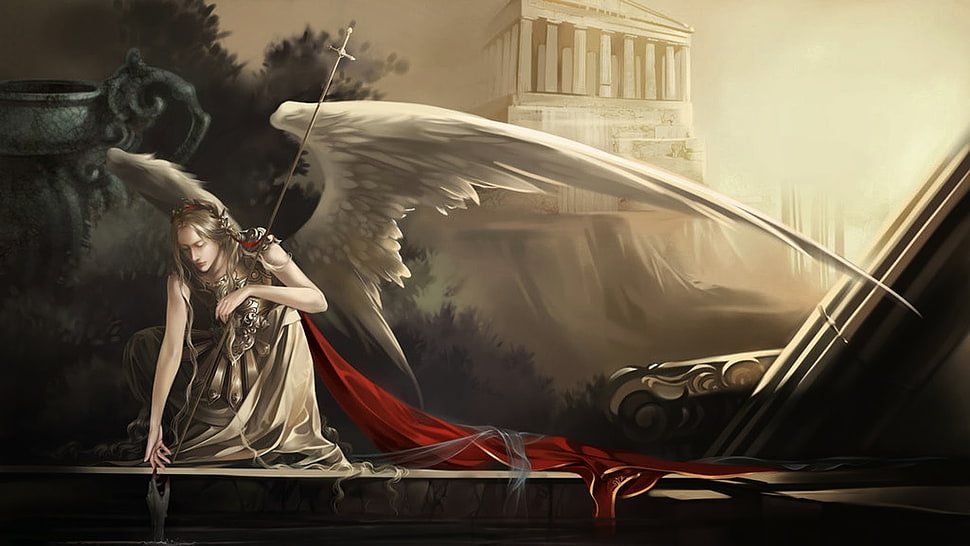 angel crouching painting, temple, angel, fantasy art, Athena HD wallpaper