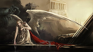 angel crouching painting, temple, angel, fantasy art, Athena