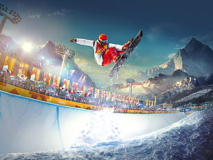 man wearing red jacket doing skateboarding digital wallpaper HD wallpaper