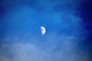 blue sky with half moon digital wallpaper