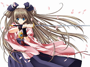 female long brown haired anime character holding sword digital wallpaper