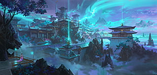 pagodas wallpaper, fantasy art, mist, temple, blue