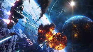 spacecraft digital wallpaper, explosion, spaceship, space, planet