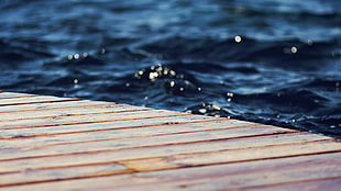 brown wooden platform, pier, water, blue, beach HD wallpaper