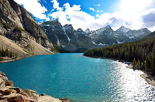 calm lake panorama photography, moraine lake HD wallpaper