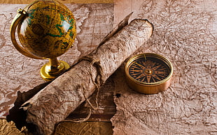 yellow desk globe with map, artwork, globes, map, compass HD wallpaper