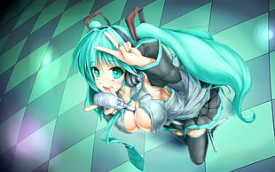 girl in gray top and skirt and green hair anime character