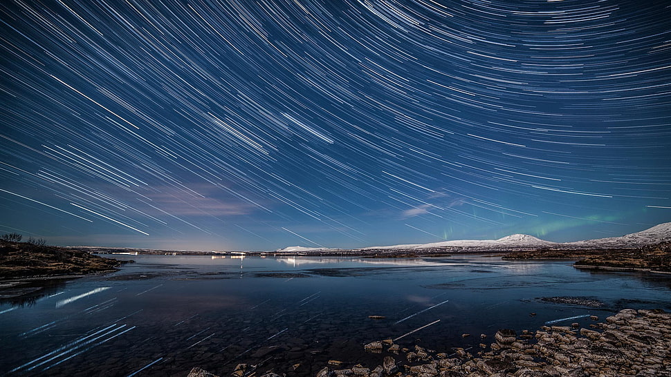time lapse of stars, landscape, starry night, lake, sky HD wallpaper