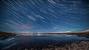 time lapse of stars, landscape, starry night, lake, sky
