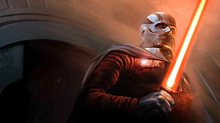 Star Wars character holding red light saber digital wallpaper