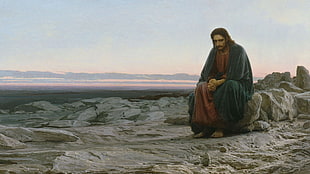 Jesus Christ sitting on stone artwork, artwork, classic art, painting, Ivan Kramskoy HD wallpaper