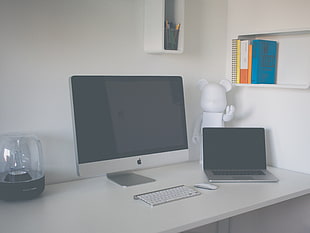 silver iMac on top of white desk HD wallpaper