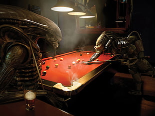 Predators playing Billiard 3D wallpaper, billards, Alien (movie), cigarettes, Alien vs. Predator HD wallpaper