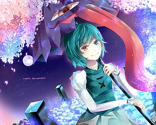 teal haired female anime character with umbrella graphics