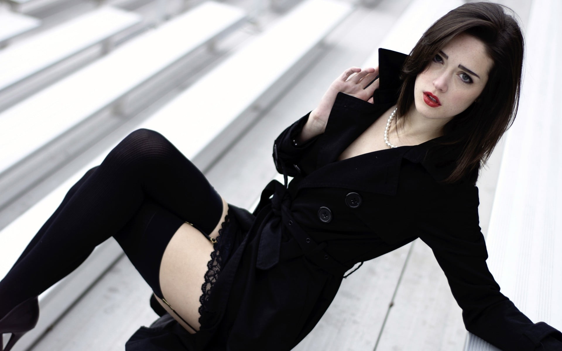 women's black trench coat and black thigh-high boots, women, model, ha...